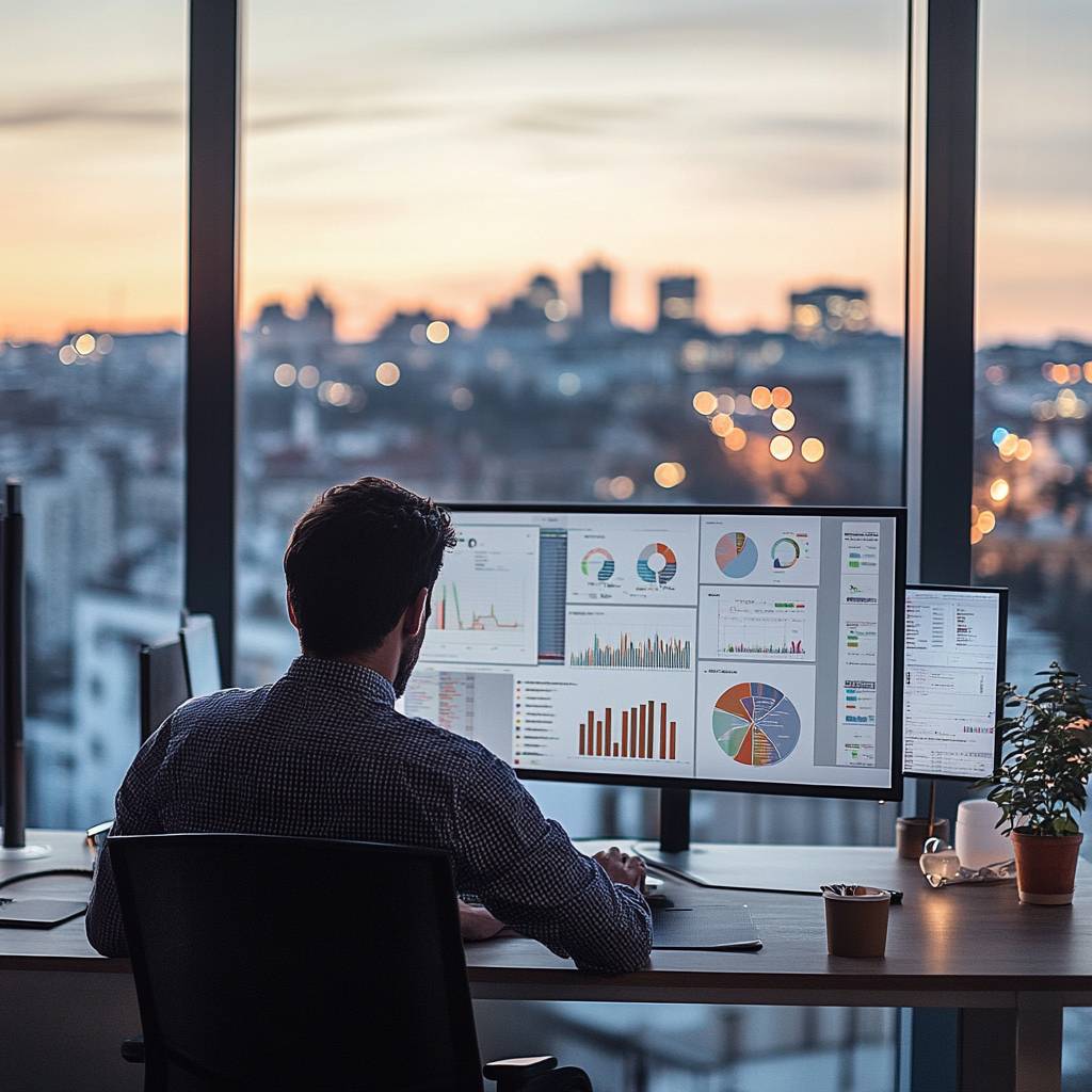 A person seated at a desk, focused on multiple computer monitors displaying graphs and charts, with a city skyline visible at sunset.