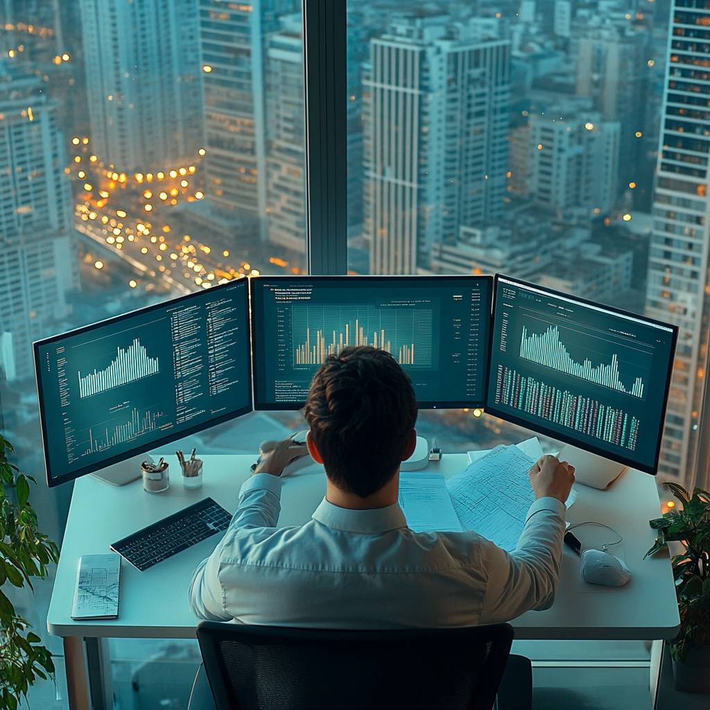 A person in a white shirt sits at a modern desk with three monitors displaying data charts, overlooking a city skyline at dusk.