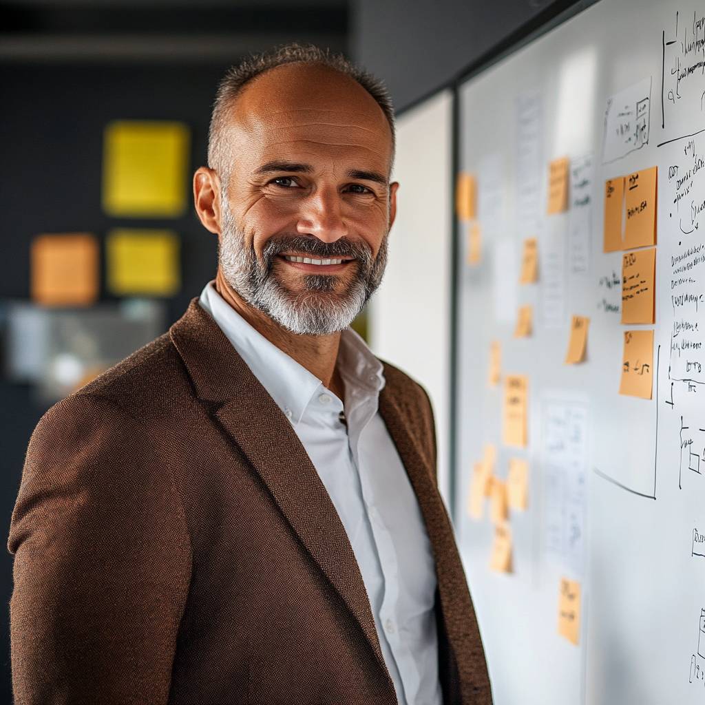 Smiling man with a beard wearing a brown blazer and white shirt, standing next to a whiteboard covered in notes and sticky notes in a modern office.