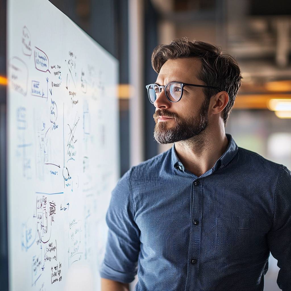 A thoughtful man with glasses stands beside a glass board filled with diagrams and notes, in a modern workspace filled with natural light.
