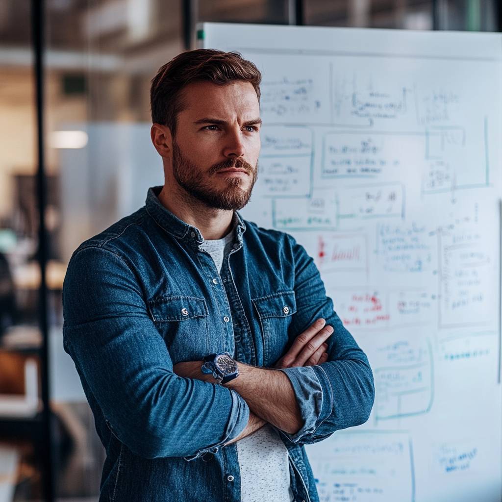 A man with a beard and short hair stands with his arms crossed, looking thoughtfully at a whiteboard filled with notes and diagrams.