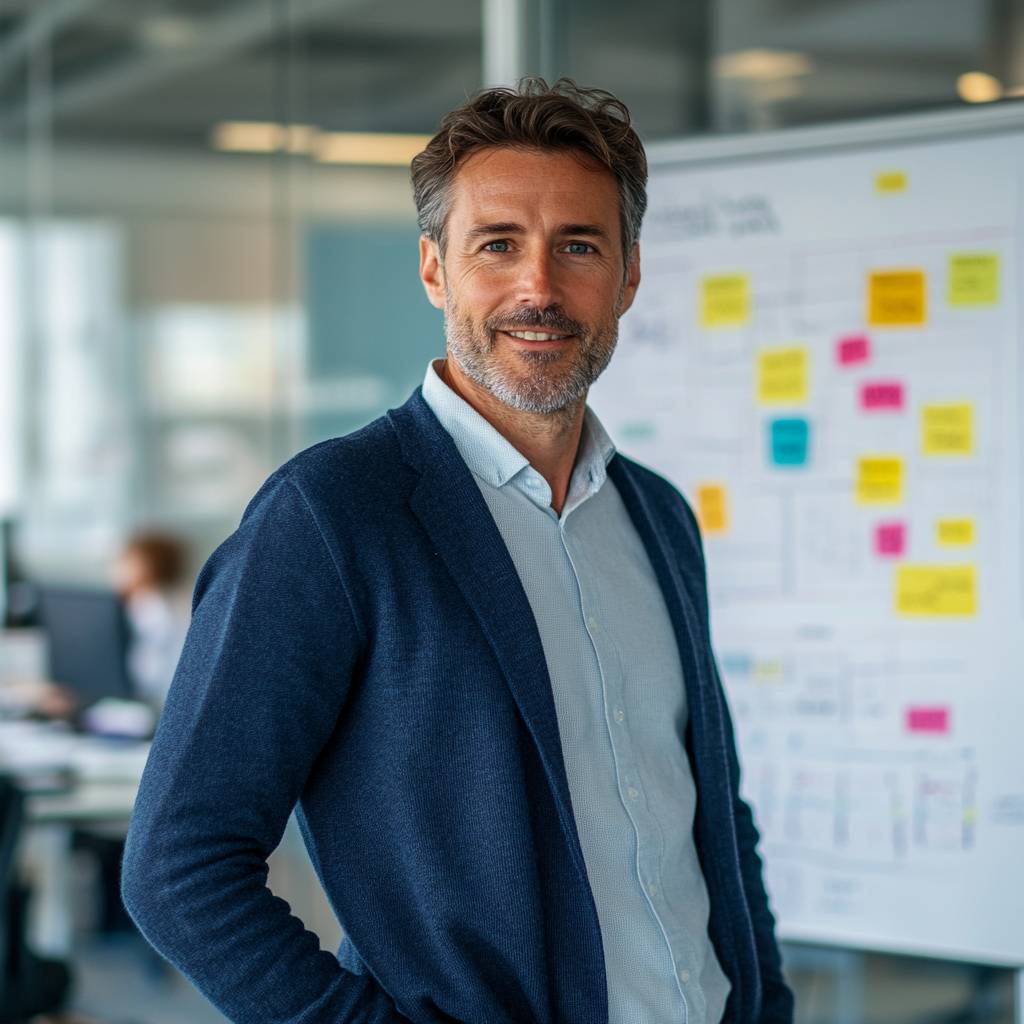 A man with wavy hair and a beard stands smiling in an office setting, wearing a blue cardigan over a light shirt, with a colorful project chart in the background.