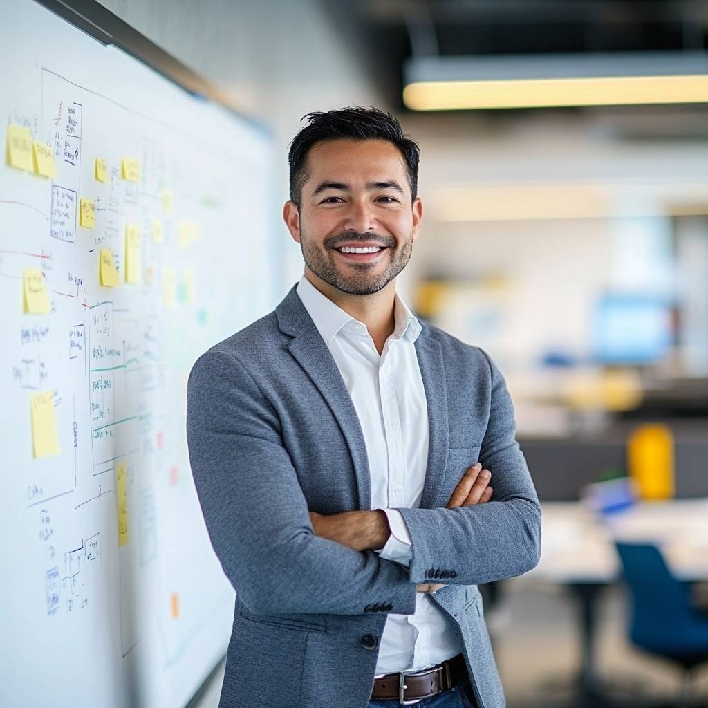 A smiling man in a gray blazer stands with arms crossed in an office setting, with sticky notes on a whiteboard and workspaces in the background.