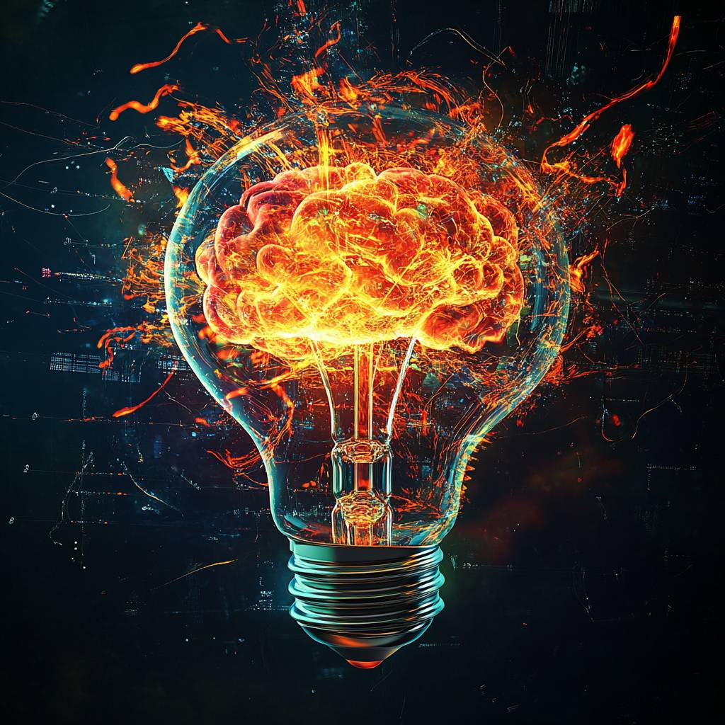 A glowing light bulb with a brain made of flames inside, surrounded by vibrant, abstract energy patterns against a dark background.