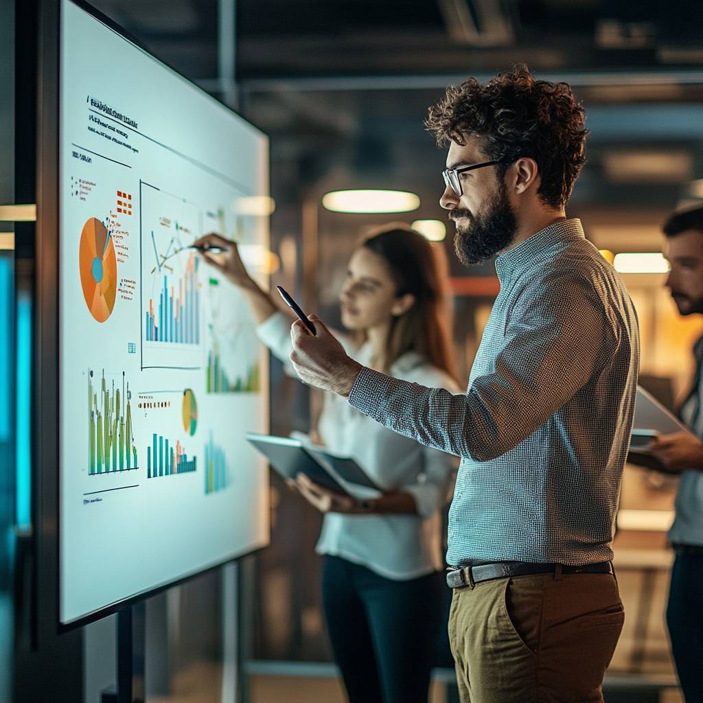 A group of professionals analyzing data on a digital screen, with charts and graphs, while one person takes notes on a smartphone.
