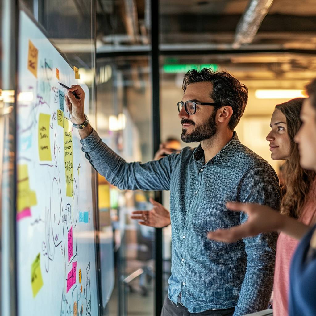A man is writing on a glass wall covered with colorful sticky notes, while two women observe and engage in discussion in a modern office environment.