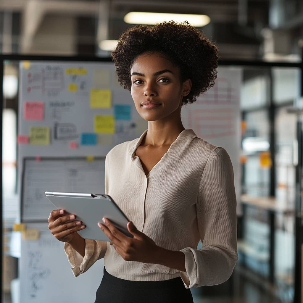 A young woman with curly hair stands confidently, holding a tablet, in an office space filled with colorful sticky notes and charts.