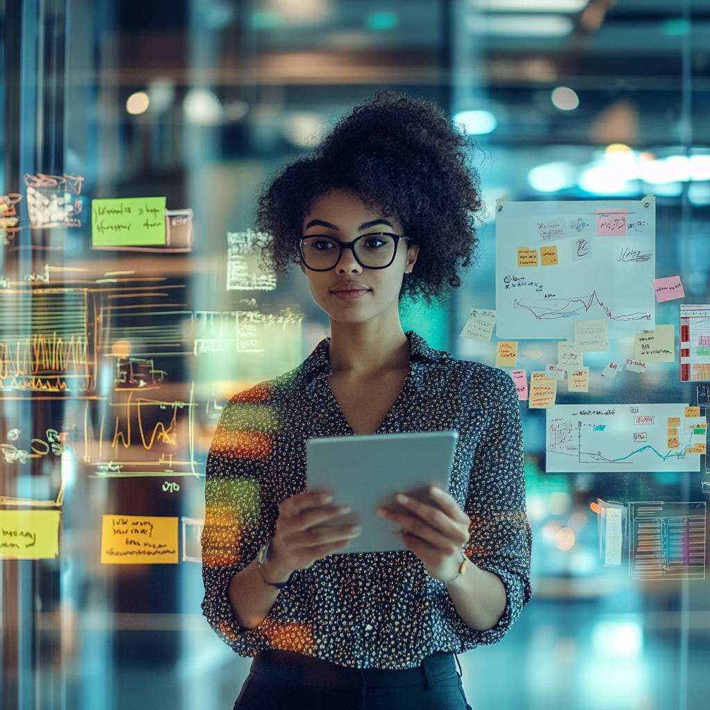 A woman with glasses stands holding a tablet, facing a glass wall covered in colorful sticky notes and data visualizations in a modern office.