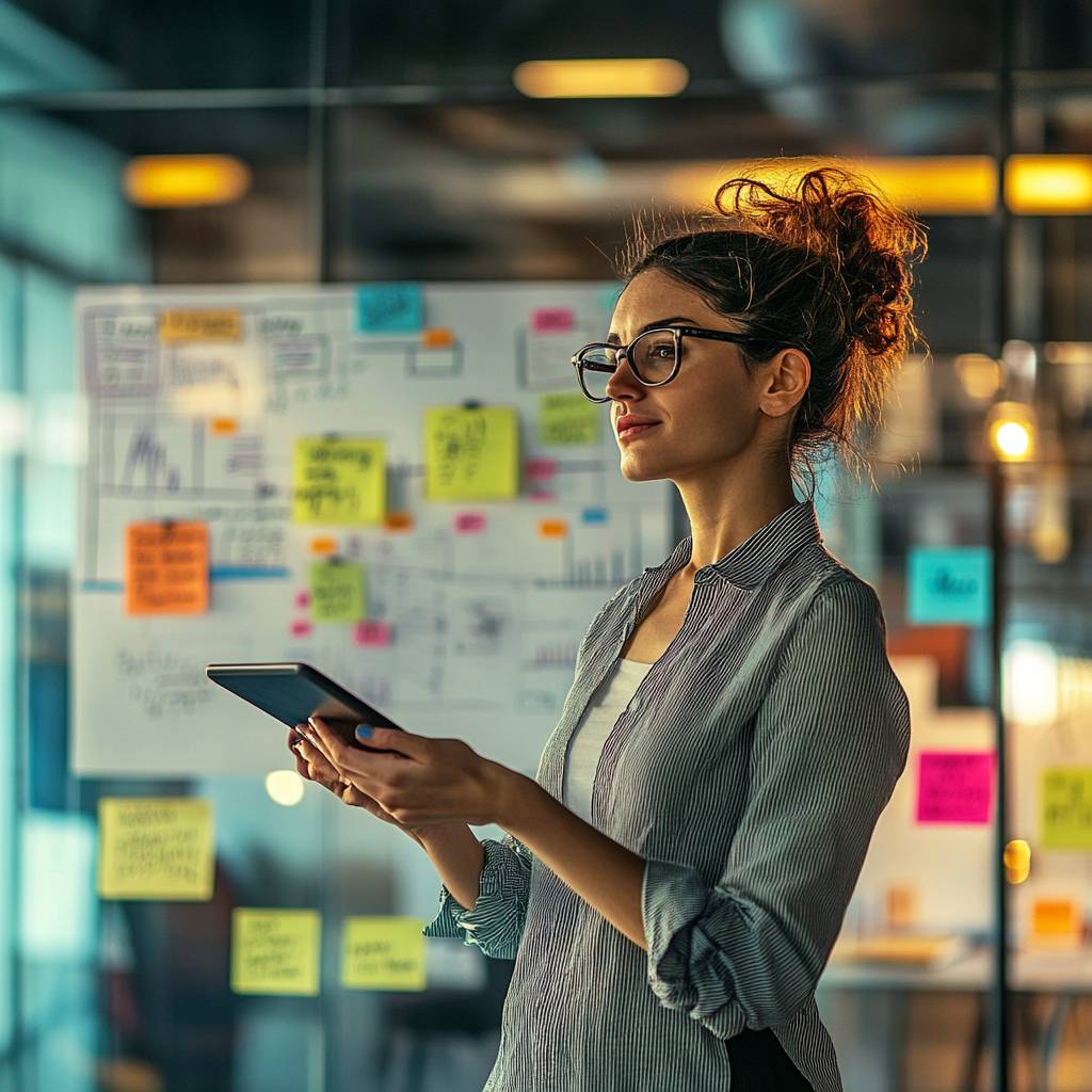 A young woman with curly hair and glasses holds a tablet, standing in front of a wall covered in colorful sticky notes and graphs.