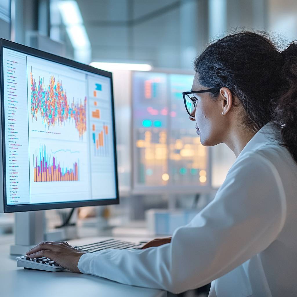 A woman in a lab coat examines colorful data visualizations on a computer screen, focusing intently on the information displayed.
