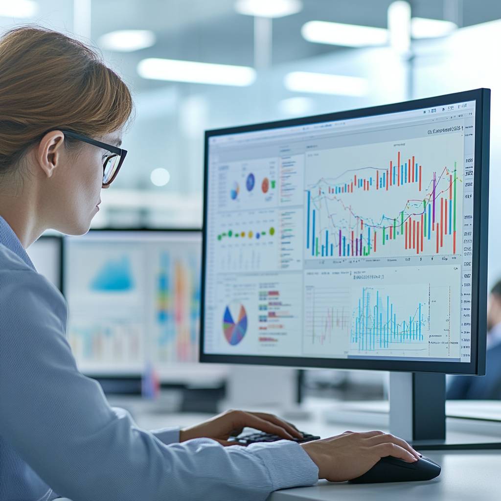 A woman with glasses sits in front of a computer monitor displaying colorful graphs and charts in a modern office environment.