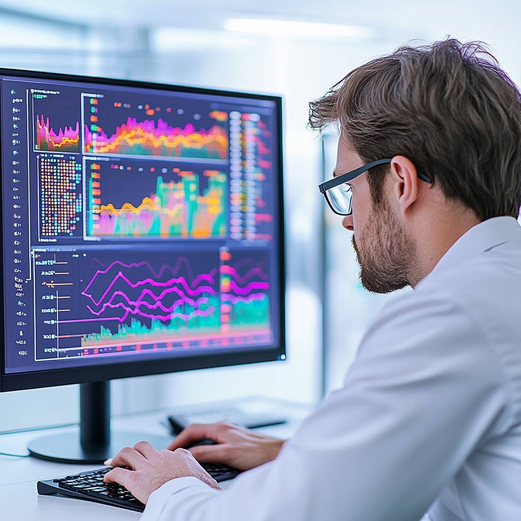 A man in a white lab coat looks at a computer monitor displaying colorful data visualizations and graphs, working at a modern desk.