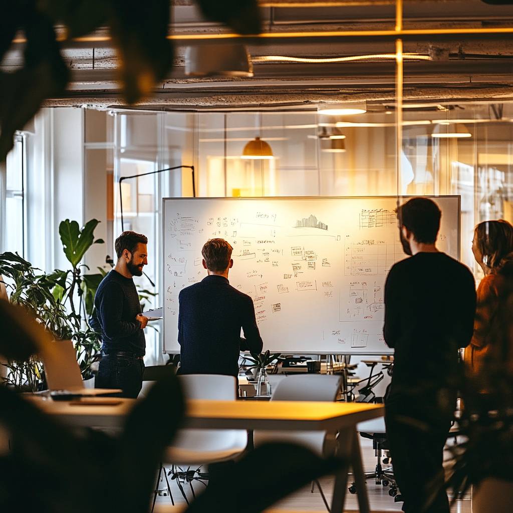 A group of four professionals stands by a whiteboard filled with sketches and notes, discussing ideas in a modern office setting surrounded by plants.