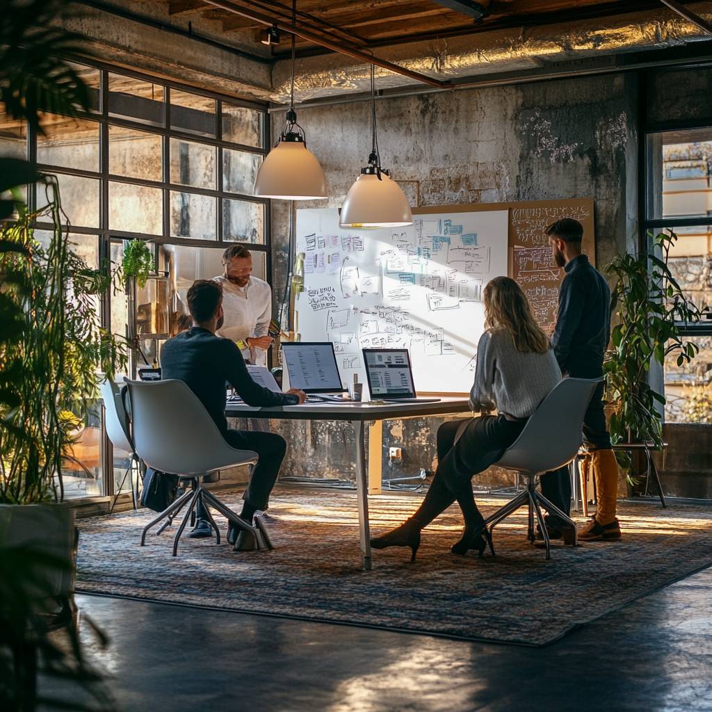 A modern office meeting featuring four individuals discussing plans around a table with laptops, a whiteboard, and large windows.