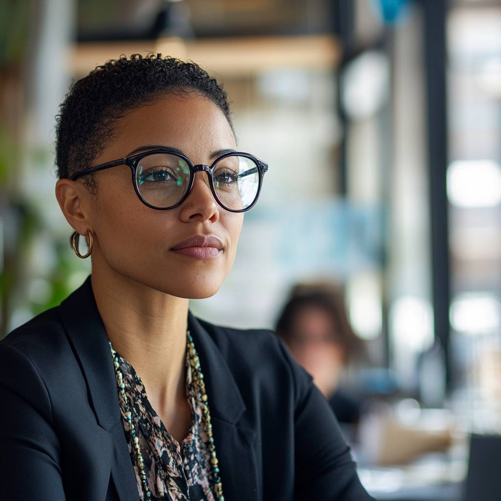 A woman with short, curly hair and large glasses sits thoughtfully in a modern office space, wearing a black blazer and a patterned blouse.