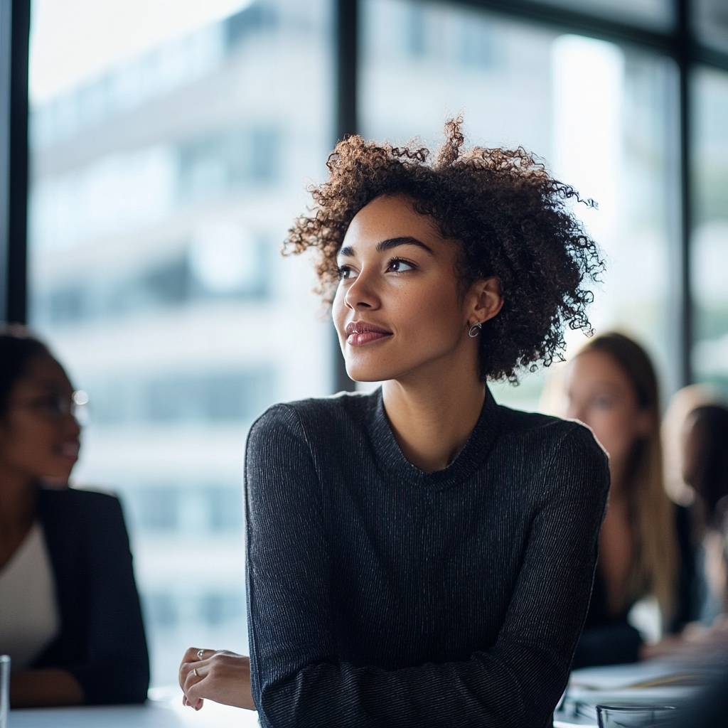 A young woman with curly hair sits at a table, looking thoughtfully to the side while others are engaged in conversation in a modern office setting.