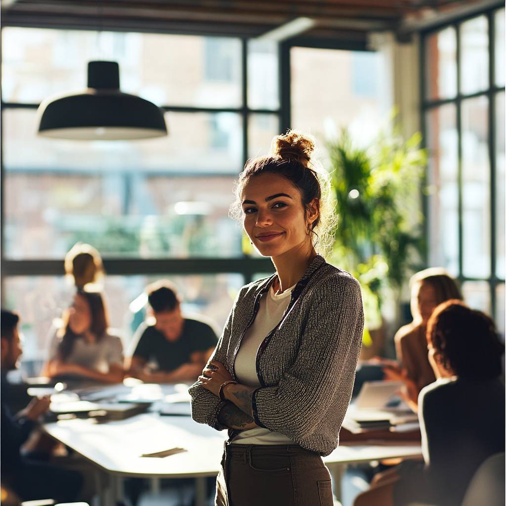 A woman with dark hair in a bun, wearing a light top and a textured blazer, smiling confidently in a modern workspace with people in the background.