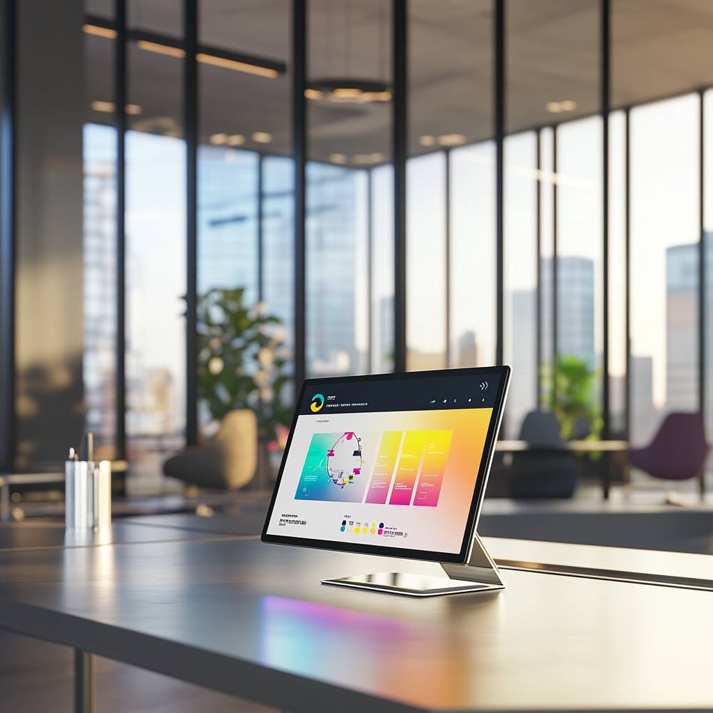 A sleek monitor displaying a colorful data visualization sits on a modern office desk, with large windows revealing a city skyline in the background.