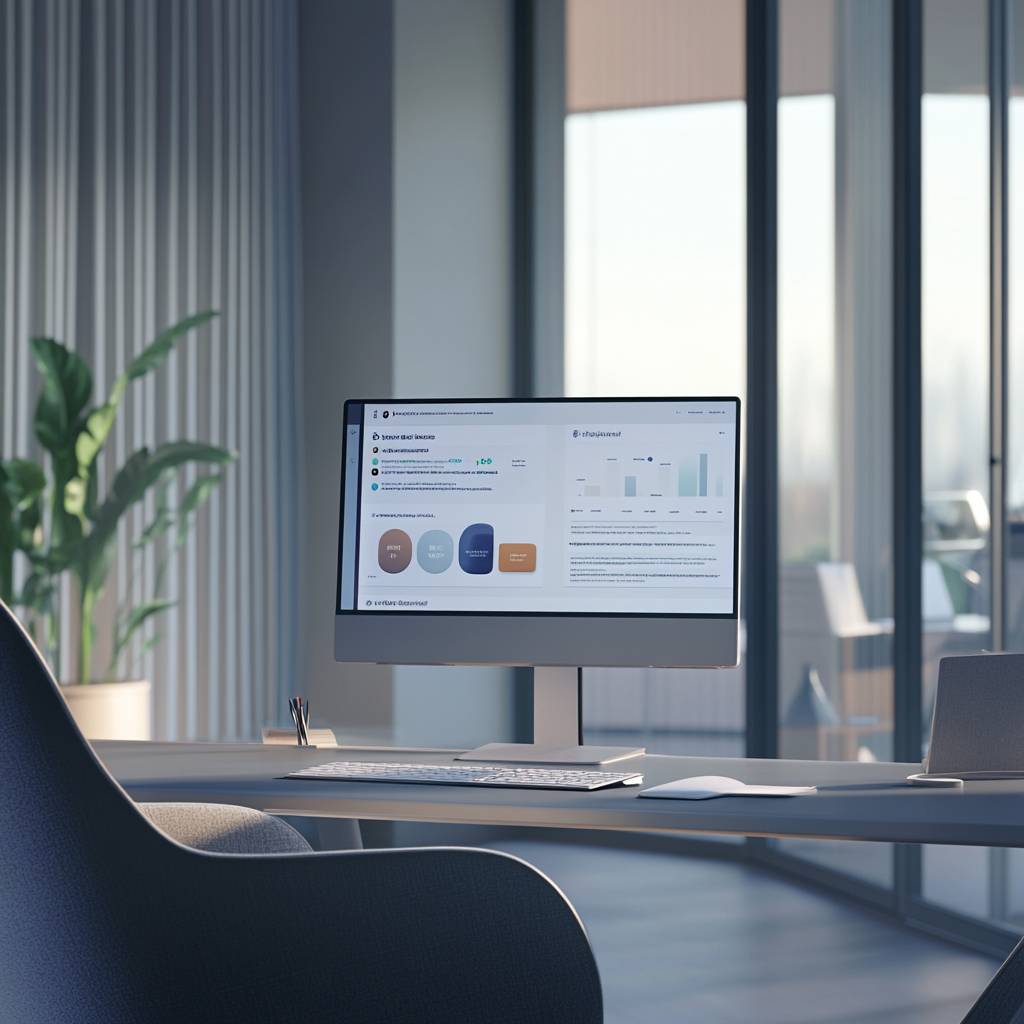 A modern workspace featuring a computer monitor displaying data analytics, a sleek keyboard, a chair, and greenery in the background. Natural light fills the room.
