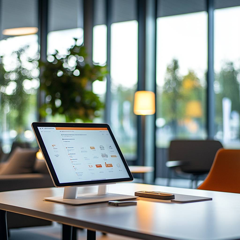 A modern workspace featuring a tablet on a stand displaying an application interface, accompanied by a smartphone and a soft-lit background with plants.