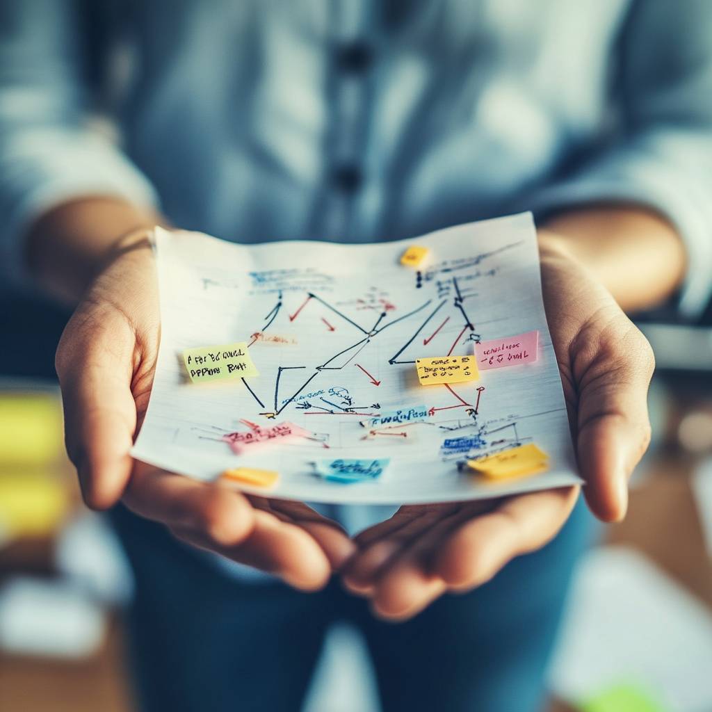 A person holding a sheet of paper filled with diagrams, notes, and colorful sticky notes, detailing a flowchart or brainstorming session.