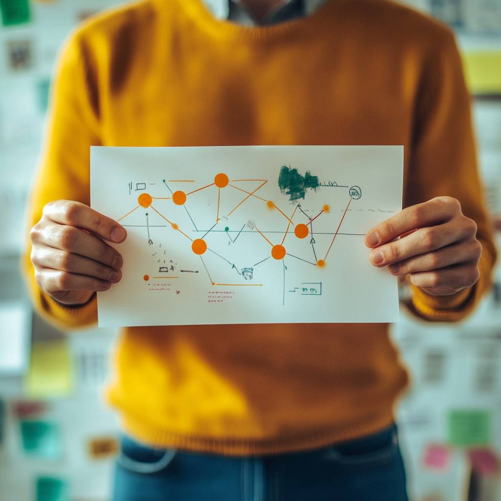 A person in a yellow sweater holds a sheet of paper showing a colorful diagram featuring orange circles, green lines, and various symbols against a blurred background.