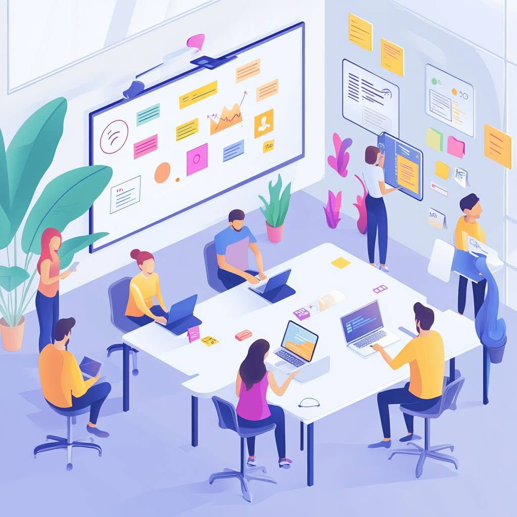 A modern office workspace with eight people collaborating, using laptops, writing on a whiteboard, and surrounded by plants and colorful sticky notes.