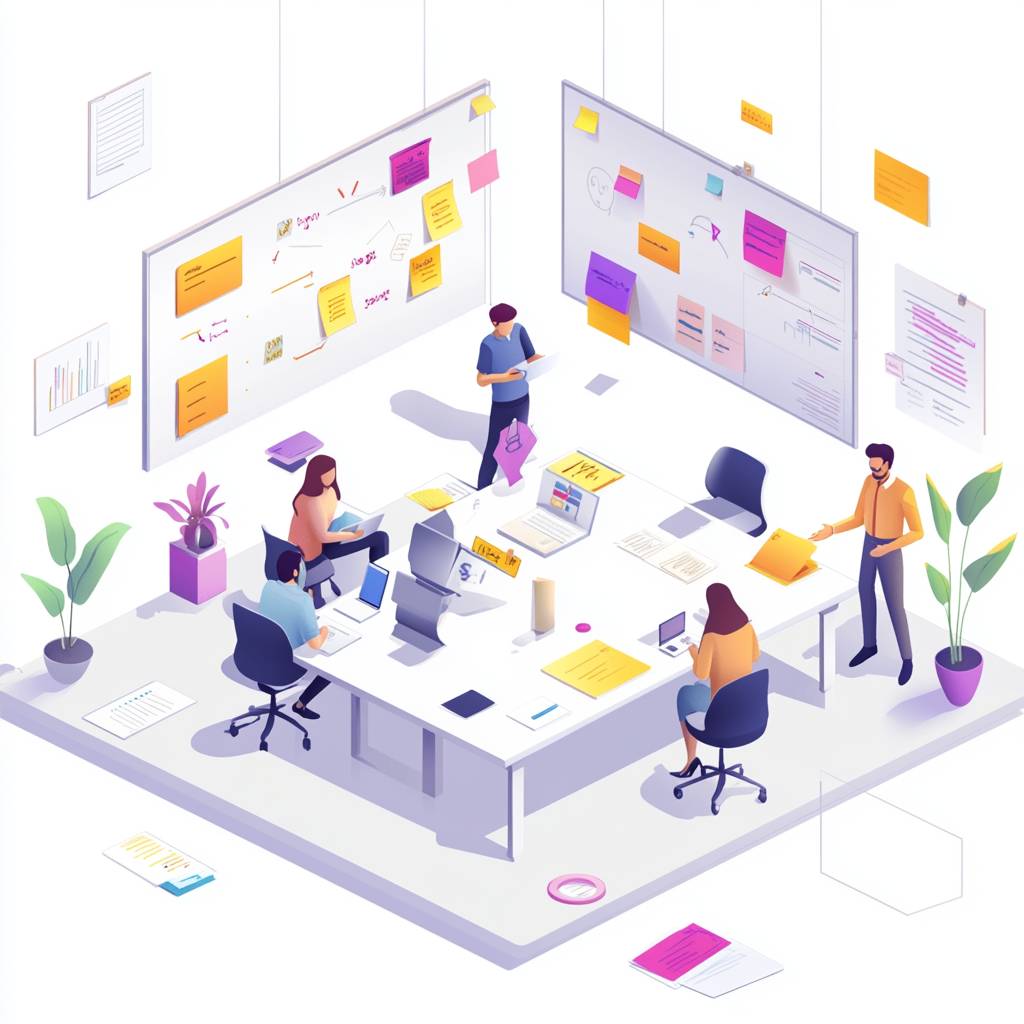 A modern office workspace featuring people collaborating, laptops, whiteboards with notes, and colorful sticky notes, with plants in the background.