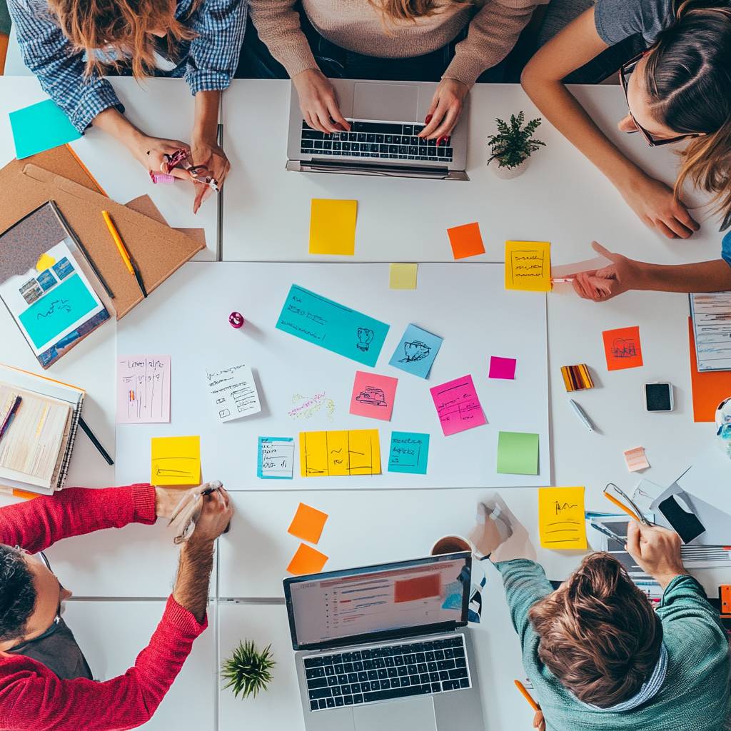 Aerial view of a collaborative workspace with laptops, colorful sticky notes, notebooks, and people discussing ideas and working together.
