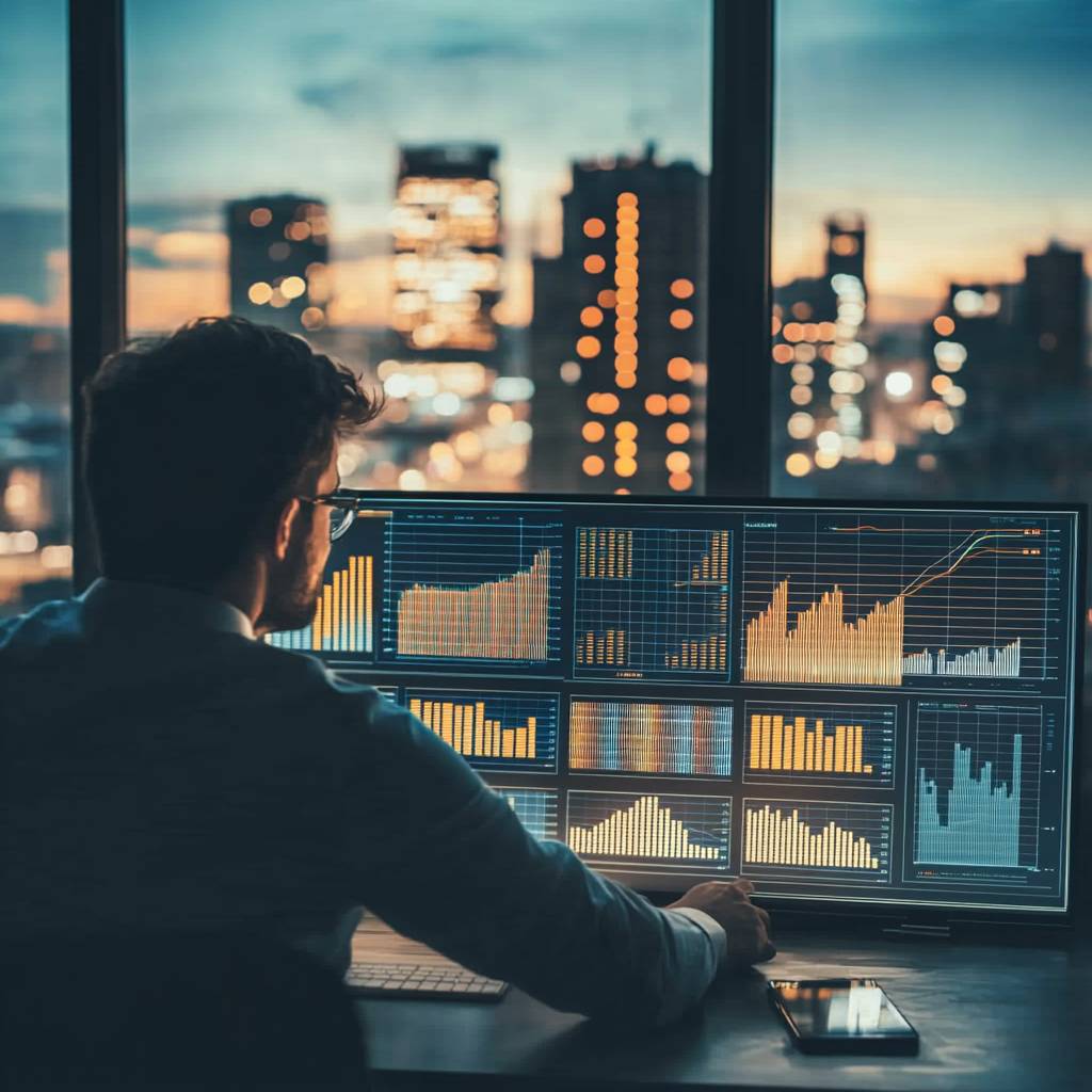 A person in a formal shirt sits at a desk, analyzing multiple financial graphs and charts displayed on large monitors, with a city skyline behind.