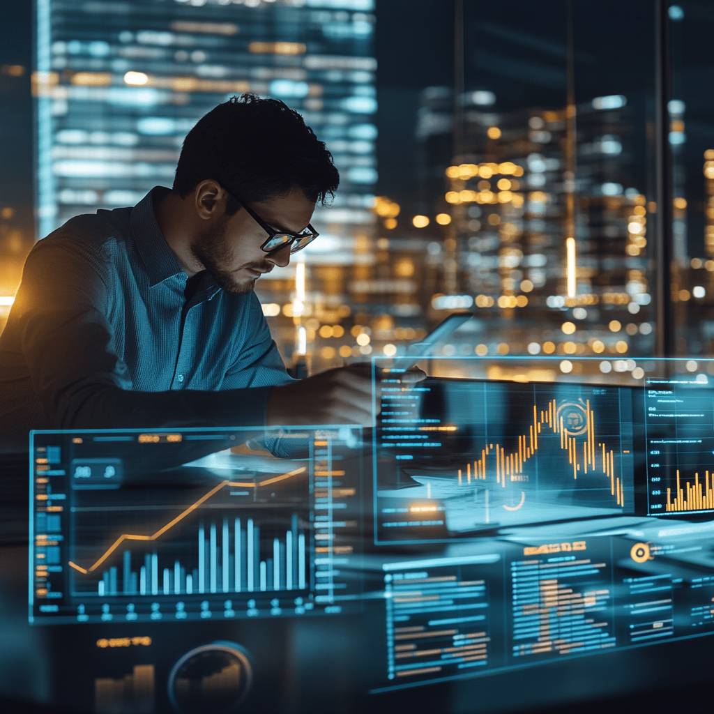 A man in glasses studies data on a futuristic, illuminated interface while seated at a desk near a cityscape at night.