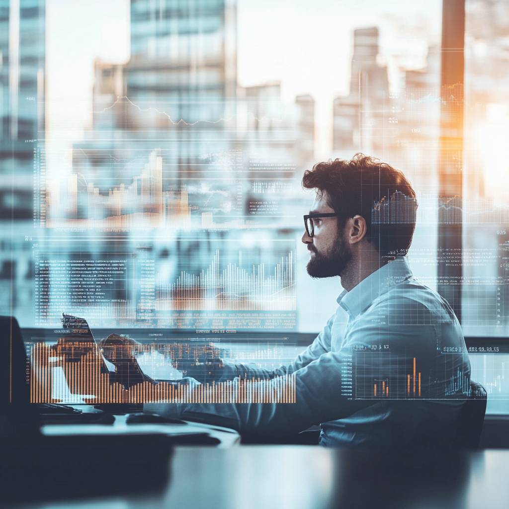 A profile view of a man with glasses working on a laptop, surrounded by digital data visualizations and cityscape through large windows.