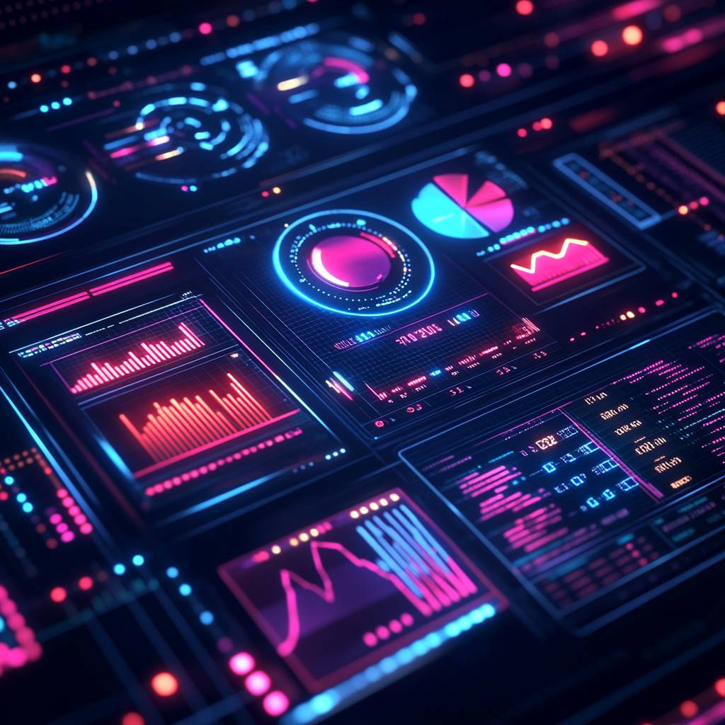 A futuristic digital dashboard featuring colorful graphs, charts, and data visualizations in vibrant pink and blue hues, set against a dark background.