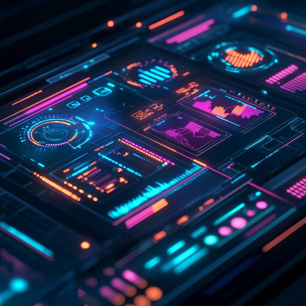 A futuristic digital dashboard featuring vibrant neon blue, pink, and orange graphical user interface elements, including graphs and data visualizations.