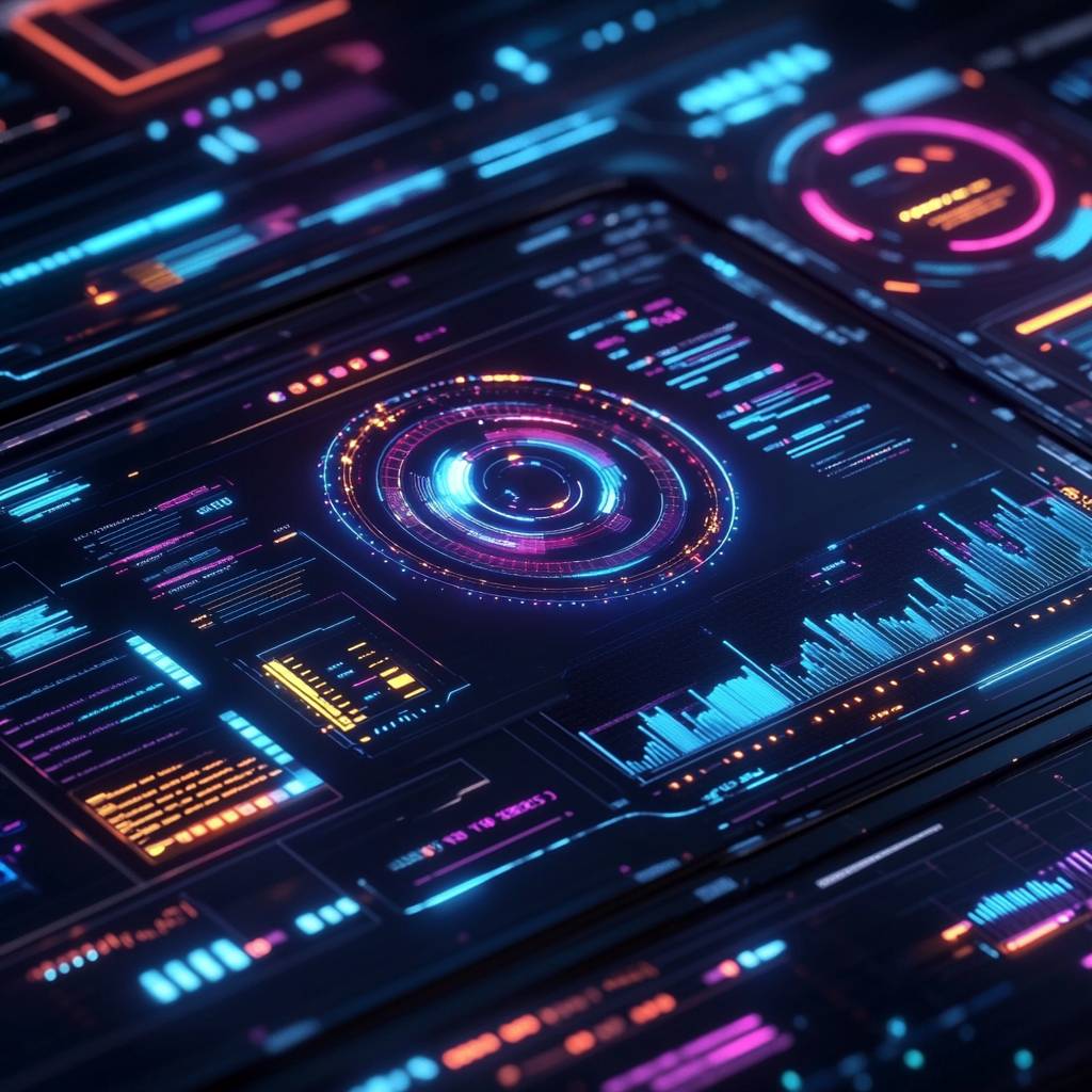 A close-up view of a futuristic digital interface featuring colorful charts, graphs, and holographic displays in blue, pink, and orange tones.