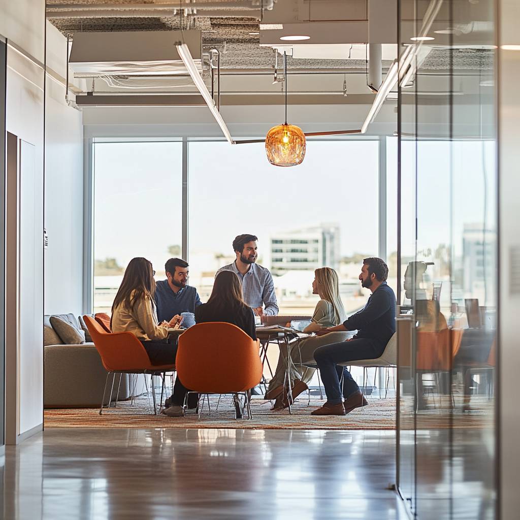 A group of six people engaged in conversation around a table in a modern office setting, with large windows and orange chairs.