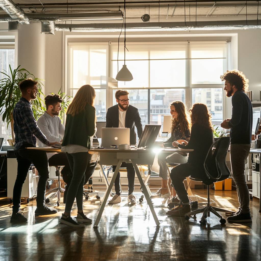 A group of six diverse individuals collaborate around a table in a bright office, with laptops and plants, sunlight streaming through large windows.