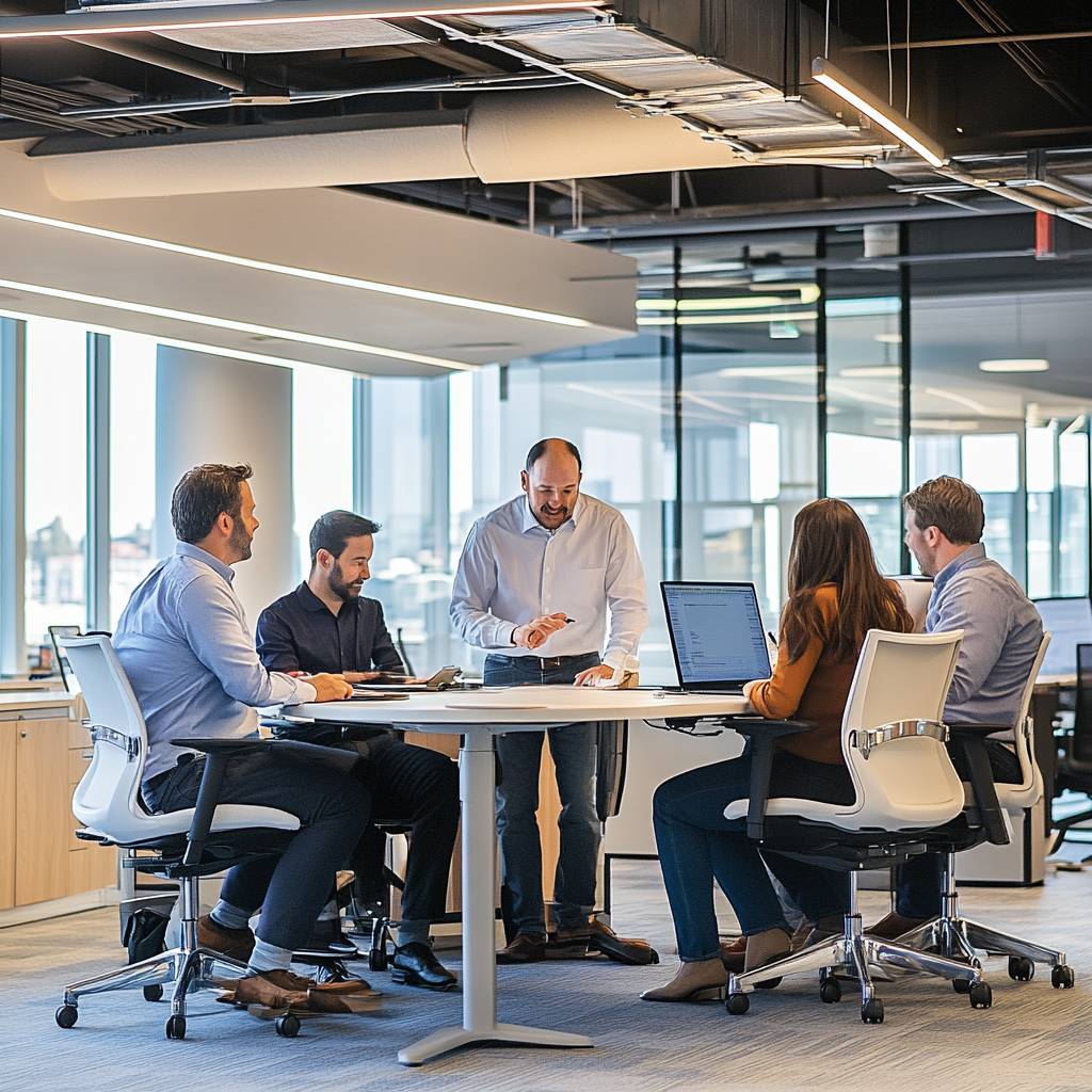 A diverse group of five professionals engaged in discussion around a modern conference table in a bright, open office space.