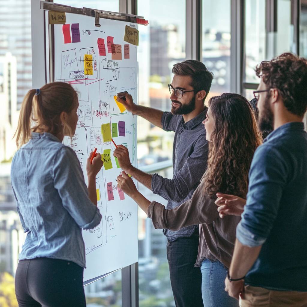A group of four professionals collaboratively brainstorming ideas using sticky notes on a whiteboard in a bright, modern office space.