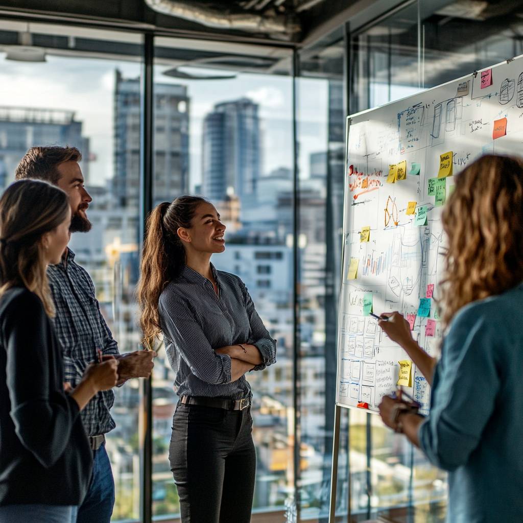 A group of four professionals engaged in a brainstorming session, reviewing a whiteboard filled with colorful sticky notes and diagrams in a modern office.