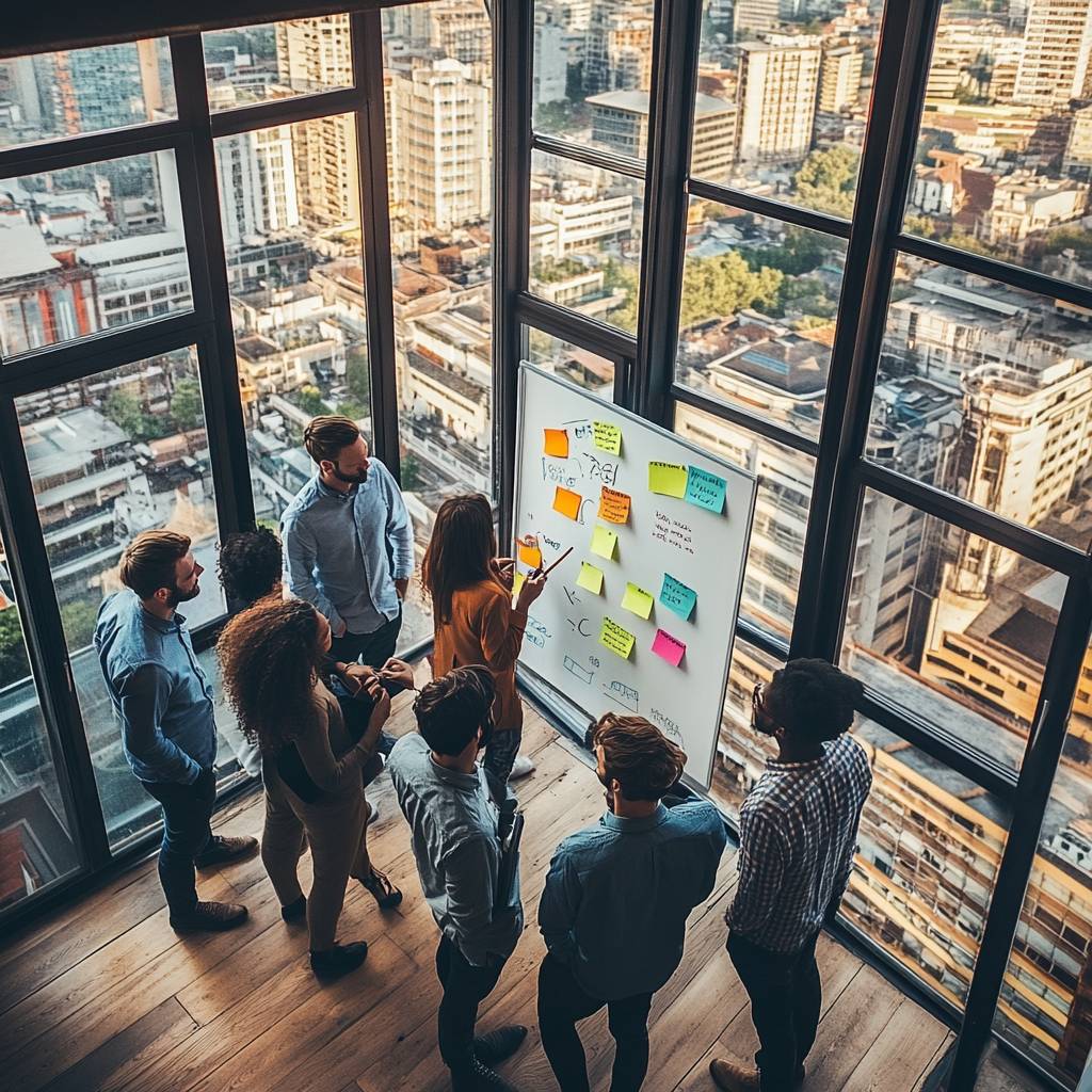 A group of seven people collaborate around a whiteboard with colorful sticky notes, overlooking a city skyline through large windows.