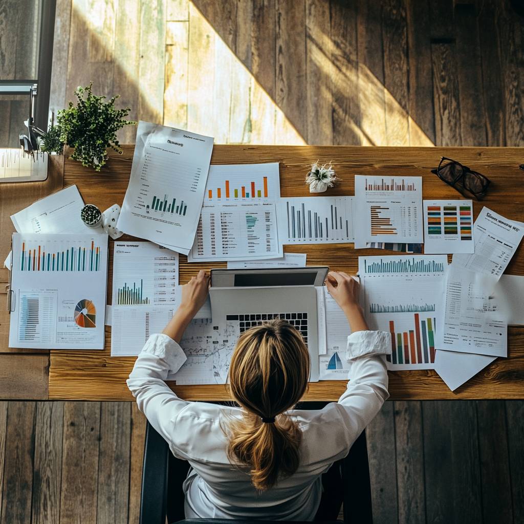 An overhead view of a person working on a laptop at a wooden desk, surrounded by various printed reports and charts in colorful graphs.