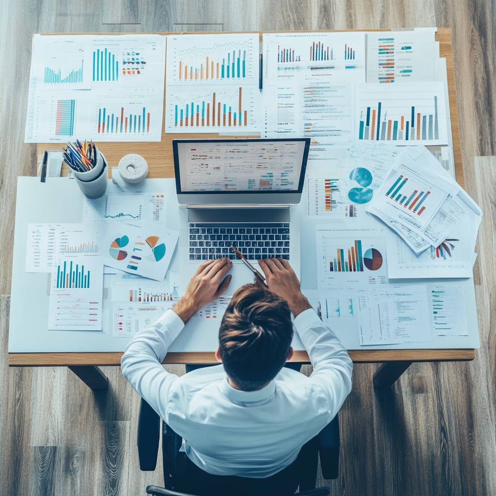 Aerial view of a person seated at a desk, typing on a laptop surrounded by various printed graphs and charts, with office supplies nearby.