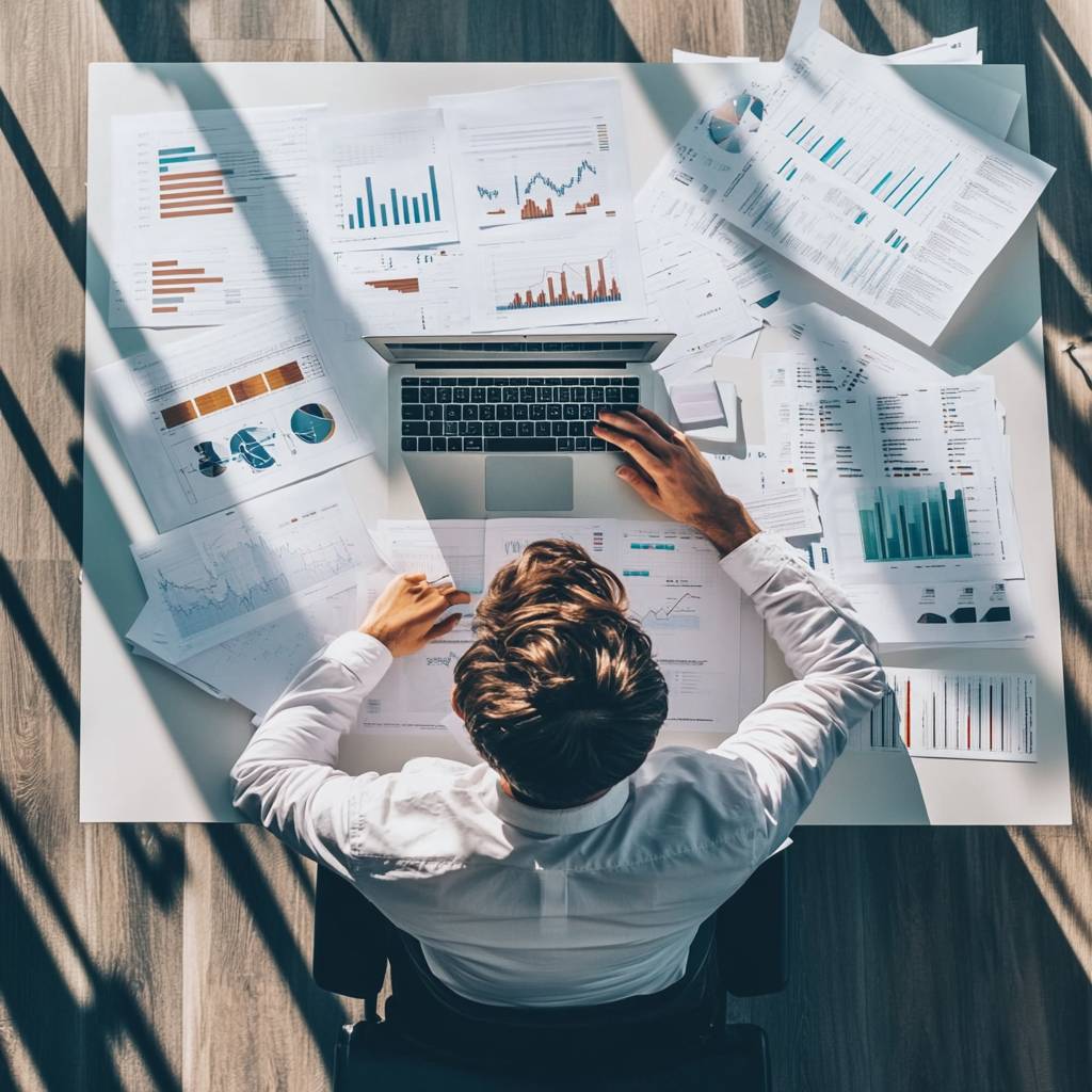 Aerial view of a person in a white shirt working on a laptop surrounded by various financial reports, graphs, and charts on a desk.