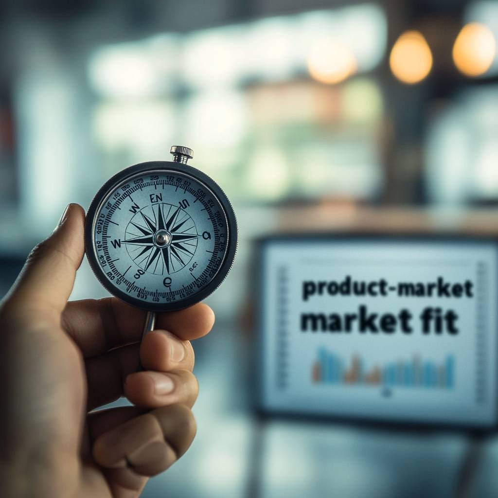 A hand holds a compass in the foreground, with a blurred background displaying a document that reads "product-market market fit."