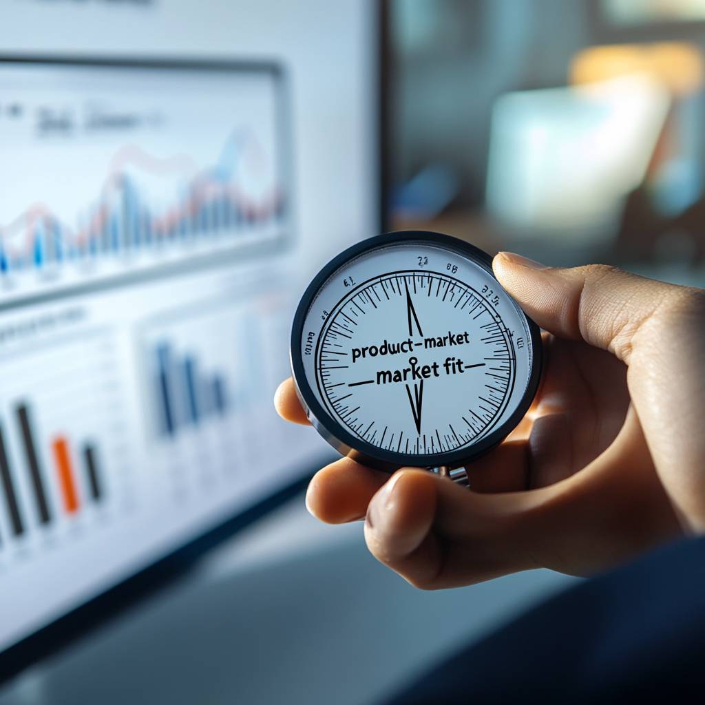 A hand holding a compass showing the terms "product-market" and "market fit," with various charts displayed on a computer screen in the background.