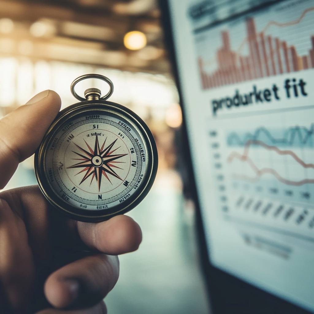 A hand holding a vintage compass in focus, with a blurred screen displaying graphs and data in the background. Soft lighting enhances the scene.