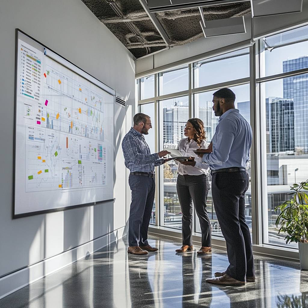 Three professionals discuss information displayed on a projection screen, with cityscape views through large windows behind them.