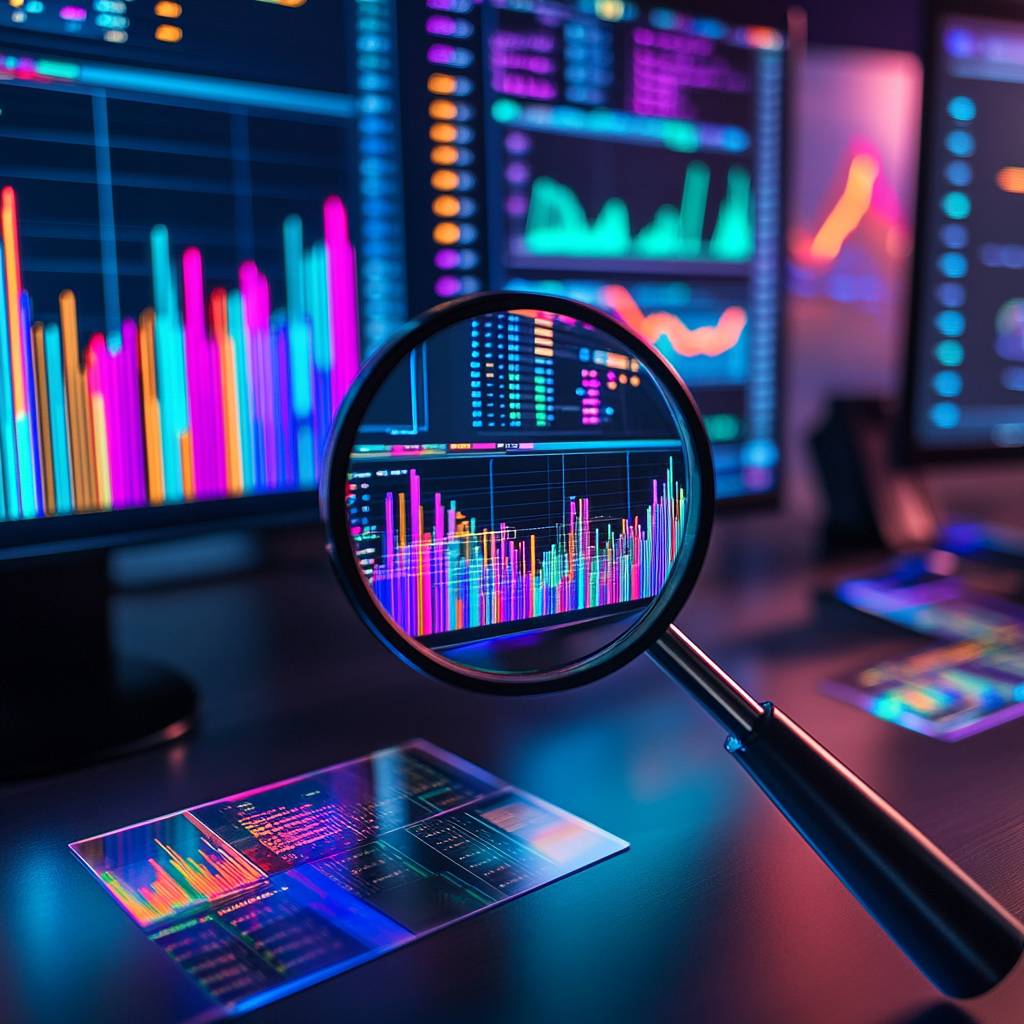 A magnifying glass focuses on colorful data visualizations displayed on screens, showcasing various graphs and analytics in a modern workspace.