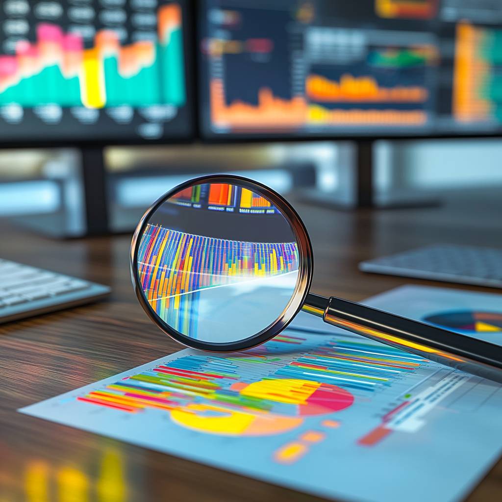A magnifying glass on colorful statistical charts and graphs on a desk, with multiple screens displaying data visualizations in the background.